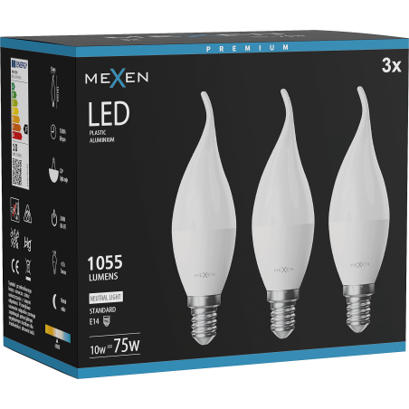 Mexen Nova 3x LED-Glühbirne Flamme E14, C37, 10W, Neutral - 4000K, 1055 lm - L106-E14-1040-01x03