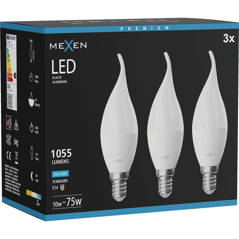 Mexen Nova 3x LED-Glühbirne Kerze E14, C37, 10W, Kalt - 6500K, 1055 lm - L106-E14-1065-01x03