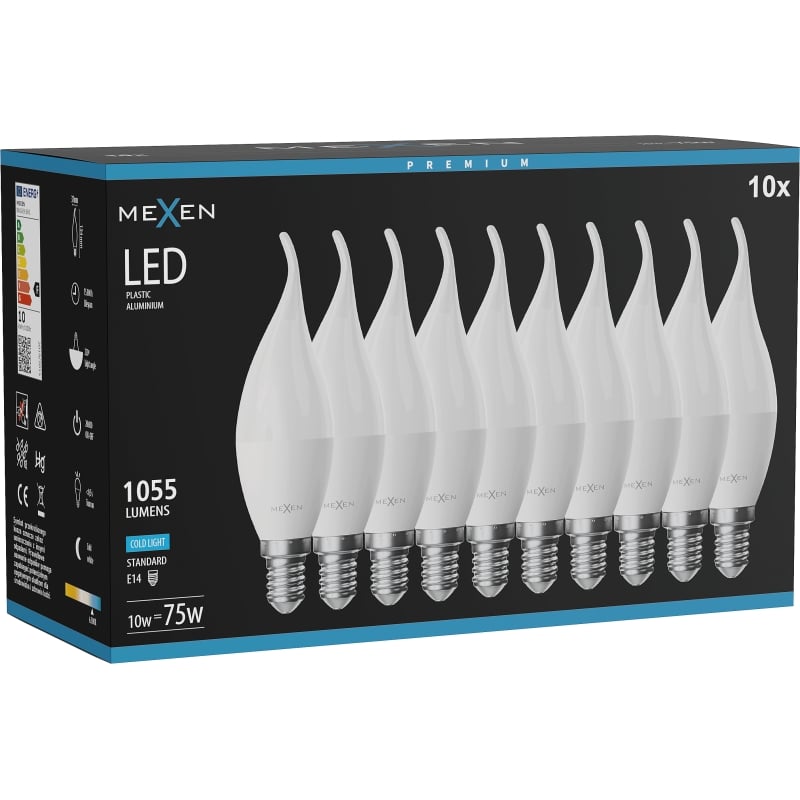 Mexen Nova 10x LED-Glühbirne Kerzenform E14, C37, 10W, Kalt - 6500K, 1055 lm - L106-E14-1065-01x10