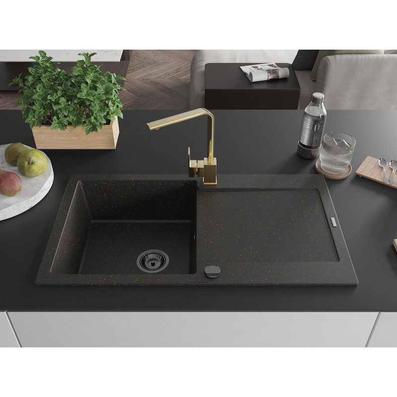 Mexen Leo Granitspüle 1-becken mit Abtropffläche und Küchenarmatur Rita, schwarz/gold metallic - 6501-75-670300-50-B