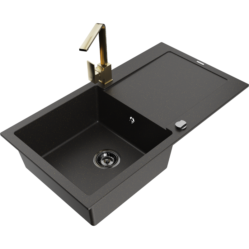Mexen Leo Granitspüle 1-becken mit Abtropffläche und Küchenarmatur Rita, schwarz/gold metallic - 6501-75-670300-50-B