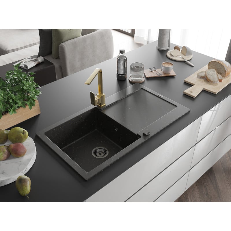 Mexen Leo Granitspüle 1-beckig mit Abtropffläche und Küchenarmatur Rita, schwarz/gold metallic - 6501-75-670300-50-B