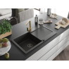 Mexen Leo Granitspüle 1-becken mit Abtropffläche und Küchenarmatur Rita, schwarz/gold metallic - 6501-75-670300-50-B