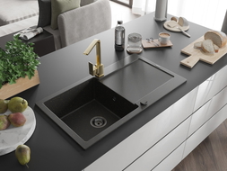 Mexen Leo Granitspüle 1-beckig mit Abtropffläche und Küchenarmatur Rita, schwarz/gold metallic - 6501-75-670300-50-B