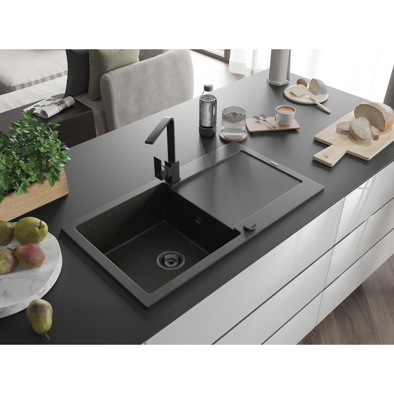 Mexen Leo Granitspüle 1-becken mit Abtropffläche und Küchenarmatur Rita, schwarz/gold metallic - 6501-75-670300-70-B