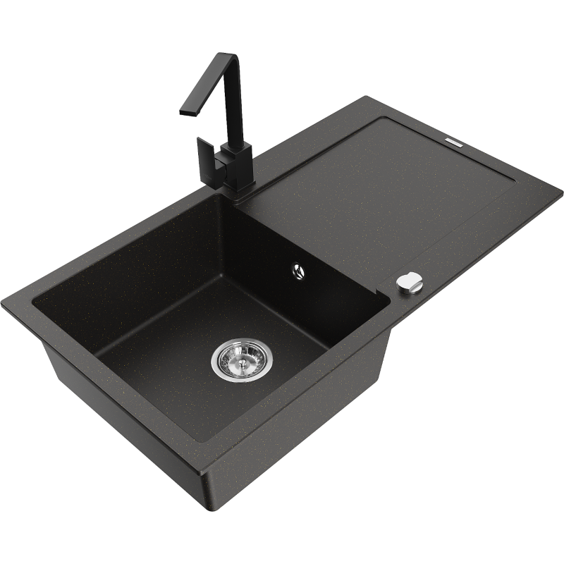 Mexen Leo Granit-Spülbecken mit 1 Becken, Abtropffläche und Küchenarmatur Rita, Schwarz/Gold Metallic - 6501-75-670300-70