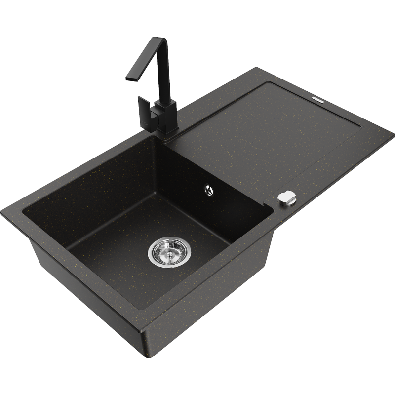 Mexen Leo Granitspüle 1-becken mit Abtropffläche und Küchenarmatur Rita, schwarz/goldener Metallic - 6501-75-670300-70