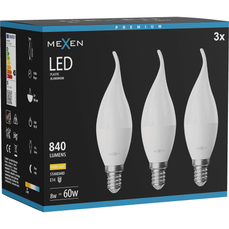 Mexen Nova 3x LED-Glühbirne Flamme E14, C37, 8W, Warm - 3000K, 840 lm - L106-E14-0830-01x03