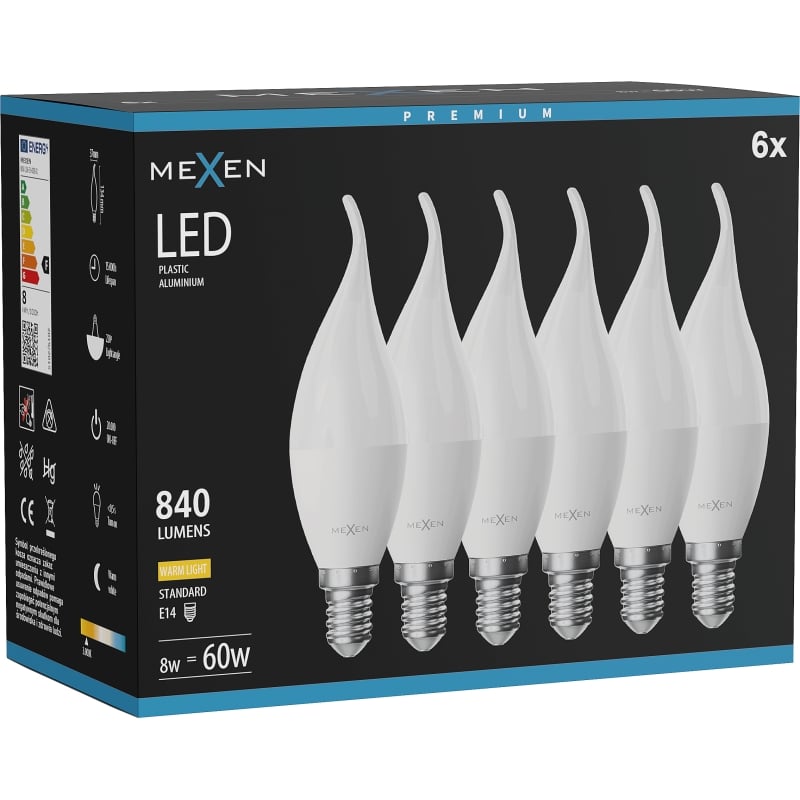 Mexen Nova 6x LED-Glühbirne Flamme E14, C37, 8W, Warm - 3000K, 840 lm - L106-E14-0830-01x06