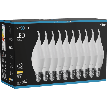 Mexen Nova 10x LED-Glühlampe Kerze E14, C37, 8W, Warm - 3000K, 840 lm - L106-E14-0830-01x10
