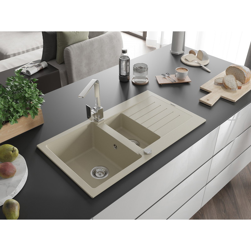 Mexen Matias Granitspüle 1,5-Becken mit Abtropffläche und Küchenarmatur Rita, beige - 6502-69-670300-00