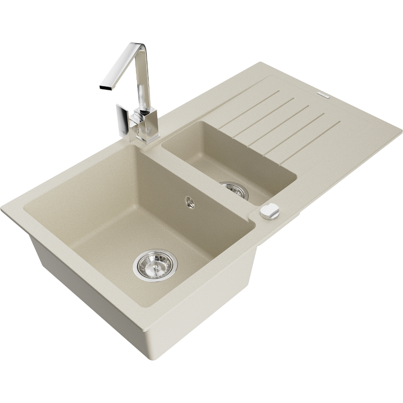 Mexen Matias Granitspüle 1,5-beckig mit Abtropffläche und Küchenarmatur Rita, beige - 6502-69-670300-00