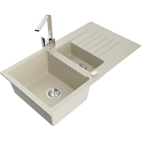 Mexen Matias Granitspüle 1,5-Becken mit Abtropffläche und Küchenarmatur Rita, beige - 6502-69-670300-00