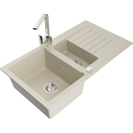 Mexen Matias Granitspüle 1,5-beckig mit Abtropffläche und Küchenarmatur Rita, beige - 6502-69-670300-00
