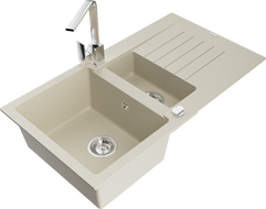 Mexen Matias Granitspüle 1,5-beckig mit Abtropffläche und Küchenarmatur Rita, beige - 6502-69-670300-00