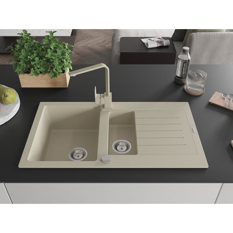 Mexen Matias Granitspüle 1,5-becken mit Abtropffläche und Küchenarmatur Rita, Beige - 6502-69-670300-69