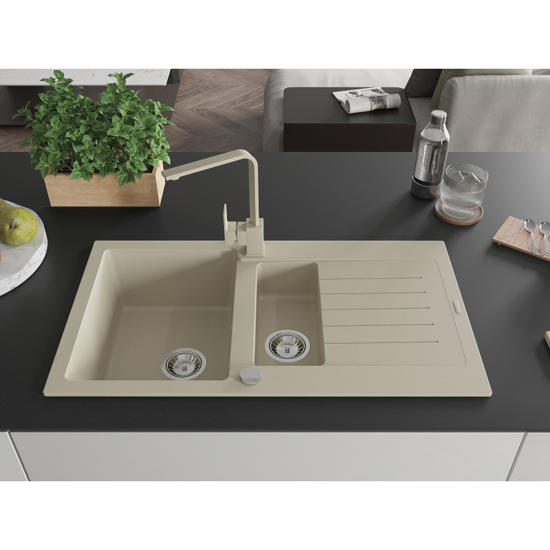 Mexen Matias Granitspüle 1,5-fach mit Abtropffläche und Küchenarmatur Rita, beige - 6502-69-670300-69
