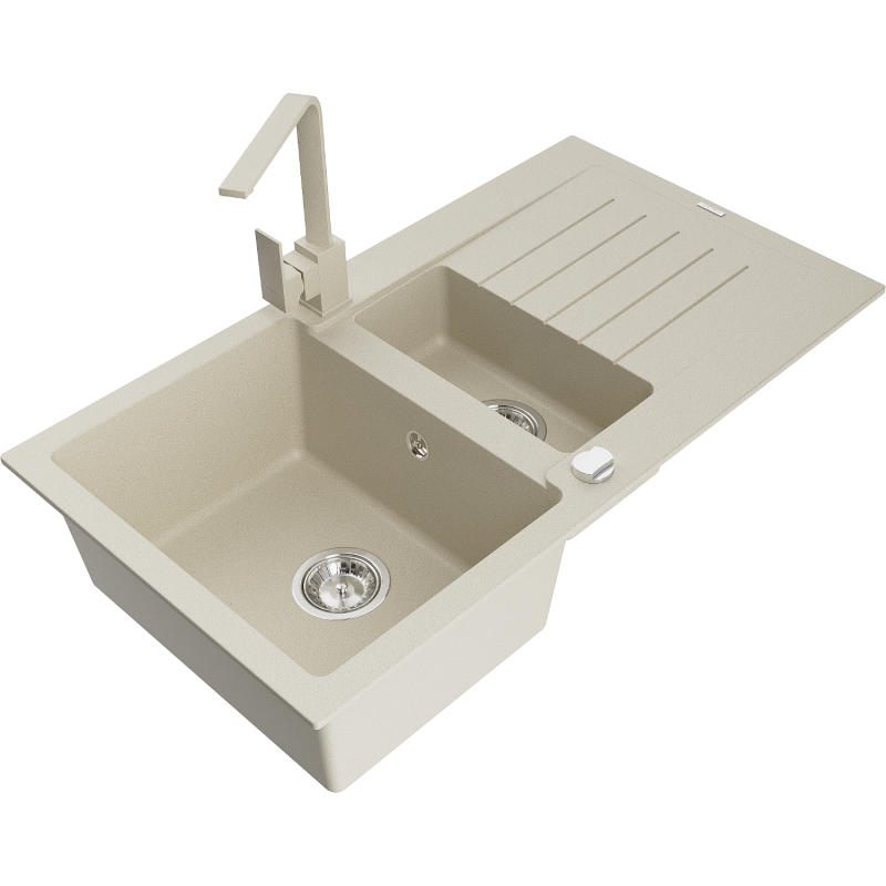 Mexen Matias Granitspüle 1,5-becken mit Abtropffläche und Küchenarmatur Rita, Beige - 6502-69-670300-69