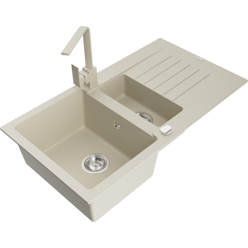 Mexen Matias Granitspüle 1,5-Becken mit Abtropffläche und Küchenmischer Rita, beige - 6502-69-670300-69