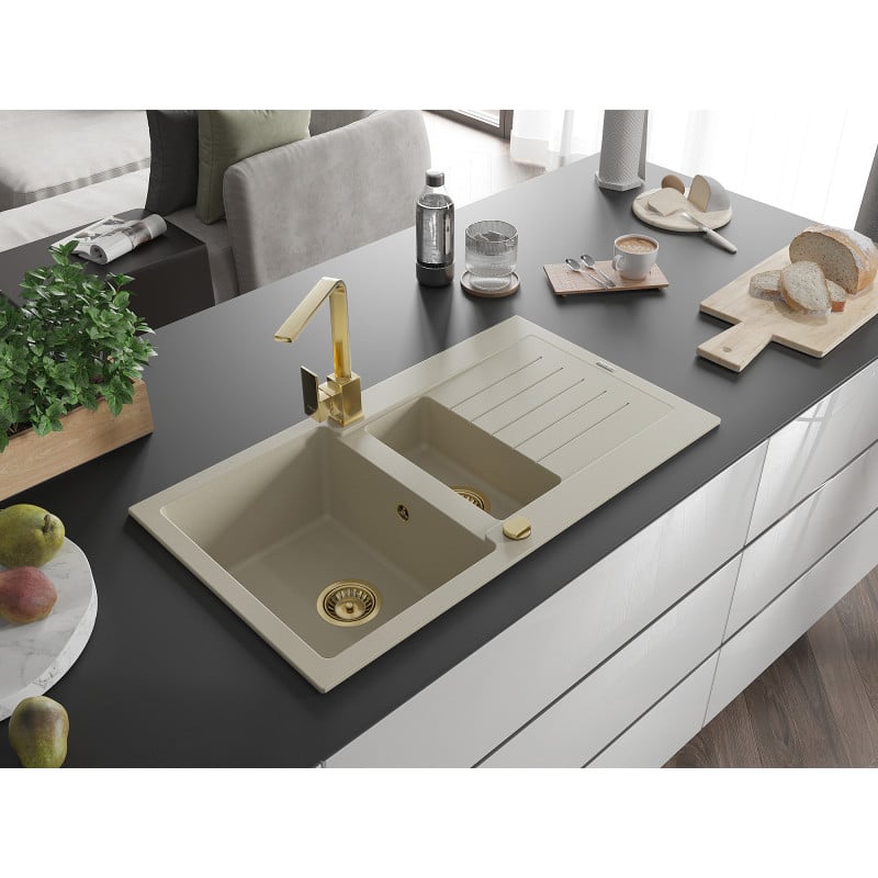 Mexen Matias Granitspüle 1,5-Becken mit Abtropffläche und Küchenarmatur Rita, beige - 6502-69-670300-50