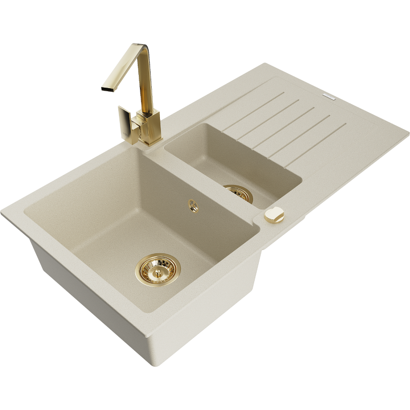 Mexen Matias Granitspüle 1,5-Becken mit Abtropffläche und Küchenarmatur Rita, beige - 6502-69-670300-50