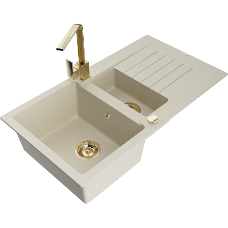 Mexen Matias Granitspüle 1,5-Becken mit Abtropffläche und Küchenarmatur Rita, beige - 6502-69-670300-50
