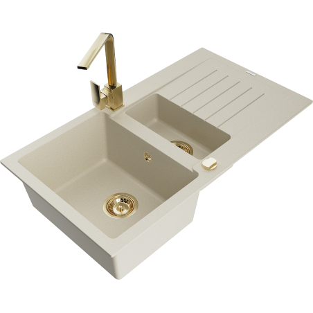 Mexen Matias Granitspüle 1,5-beckig mit Abtropffläche und Küchenarmatur Rita, beige - 6502-69-670300-50