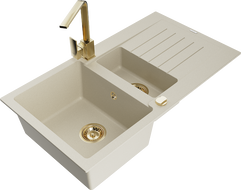 Mexen Matias Granitspüle 1,5-Becken mit Abtropffläche und Küchenarmatur Rita, beige - 6502-69-670300-50