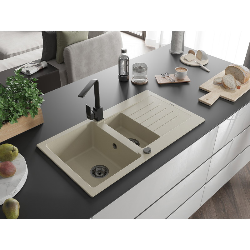 Mexen Matias Granitspüle, 1,5 Becken mit Abtropffläche und Küchenarmatur Rita, beige - 6502-69-670300-70