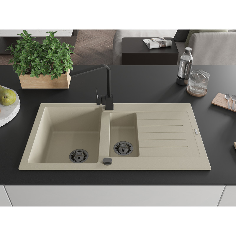Mexen Matias Granitspüle, 1,5 Becken mit Abtropffläche und Küchenarmatur Rita, beige - 6502-69-670300-70