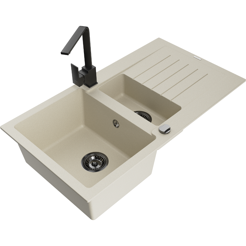 Mexen Matias Granitspüle 1,5 Kammern mit Abtropffläche und Küchenarmatur Rita, beige - 6502-69-670300-70