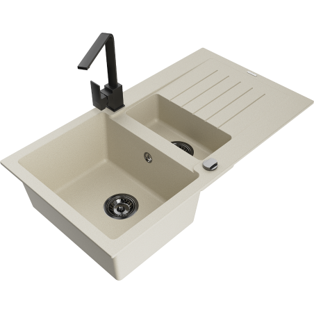 Mexen Matias Granitspüle 1,5 Kammern mit Abtropffläche und Küchenarmatur Rita, beige - 6502-69-670300-70