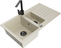 Mexen Matias Granitspüle 1,5 Kammern mit Abtropffläche und Küchenarmatur Rita, beige - 6502-69-670300-70