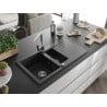 Mexen Matias Granitspüle 1,5-Becken mit Abtropffläche und Küchenarmatur Rita, schwarz/silber metallic - 6502-73-670300-00