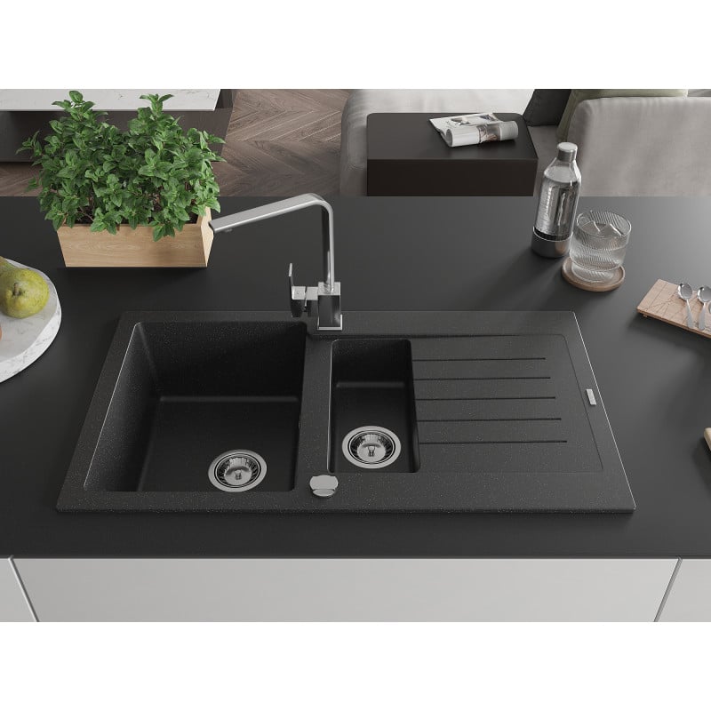 Mexen Matias Granitspüle 1,5-Becken mit Abtropffläche und Küchenarmatur Rita, schwarz/silber metallic - 6502-73-670300-00