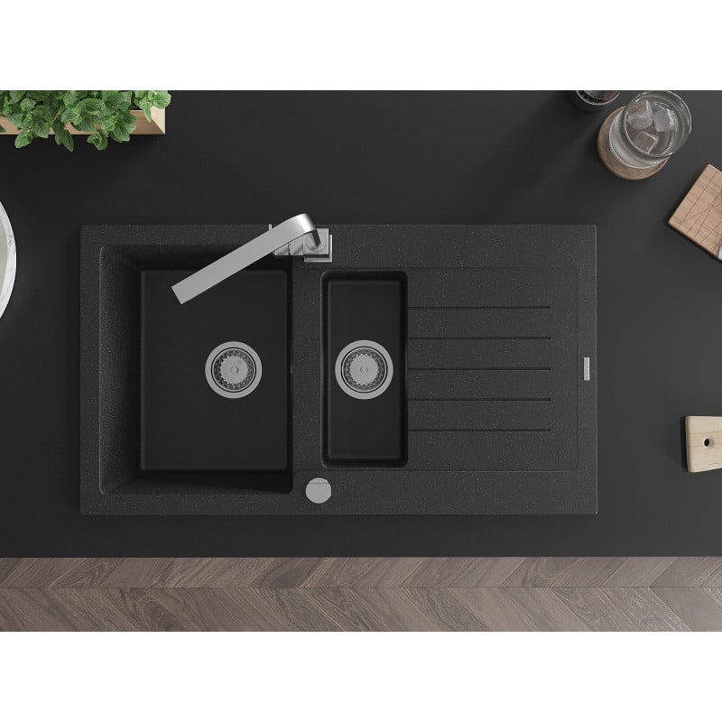 Mexen Matias Granitspüle 1,5-Becken mit Abtropffläche und Küchenarmatur Rita, schwarz/silber metallic - 6502-73-670300-00