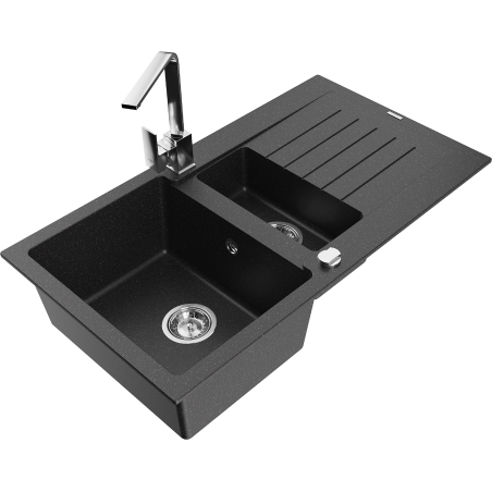 Mexen Matias granitspüle 1,5-becken mit abtropfbrett und küchenarmatur Rita, schwarz/silber metallic - 6502-73-670300-00
