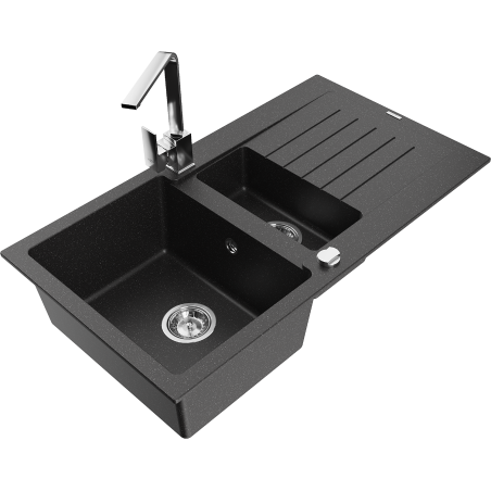 Mexen Matias Granitspüle 1,5-Becken mit Abtropffläche und Küchenarmatur Rita, schwarz/silber metallic - 6502-73-670300-00
