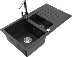 Mexen Matias Granitspüle 1,5-Becken mit Abtropffläche und Küchenarmatur Rita, schwarz/silber metallic - 6502-73-670300-00