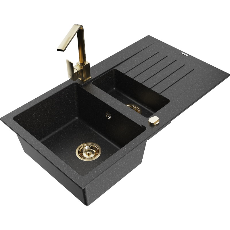 Mexen Matias Granitspüle 1,5-Kammer mit Abtropffläche und Küchenarmatur Rita, Schwarz/Silber Metallic - 6502-73-670300-50