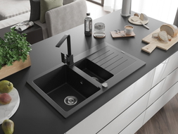 Mexen Matias Granitspüle 1,5-Kammer mit Abtropffläche und Küchenarmatur Rita, schwarz/silbermetallic - 6502-73-670300-70