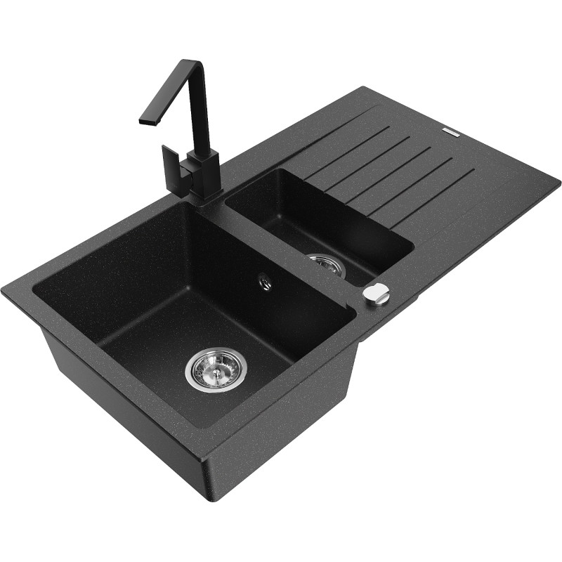 Mexen Matias Granitspüle 1,5-beckig mit Abtropffläche und Küchenarmatur Rita, schwarz/silber metallic - 6502-73-670300-70