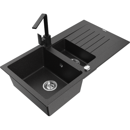 Mexen Matias Granitspüle 1,5-Kammer mit Abtropffläche und Küchenarmatur Rita, schwarz/silbermetallic - 6502-73-670300-70
