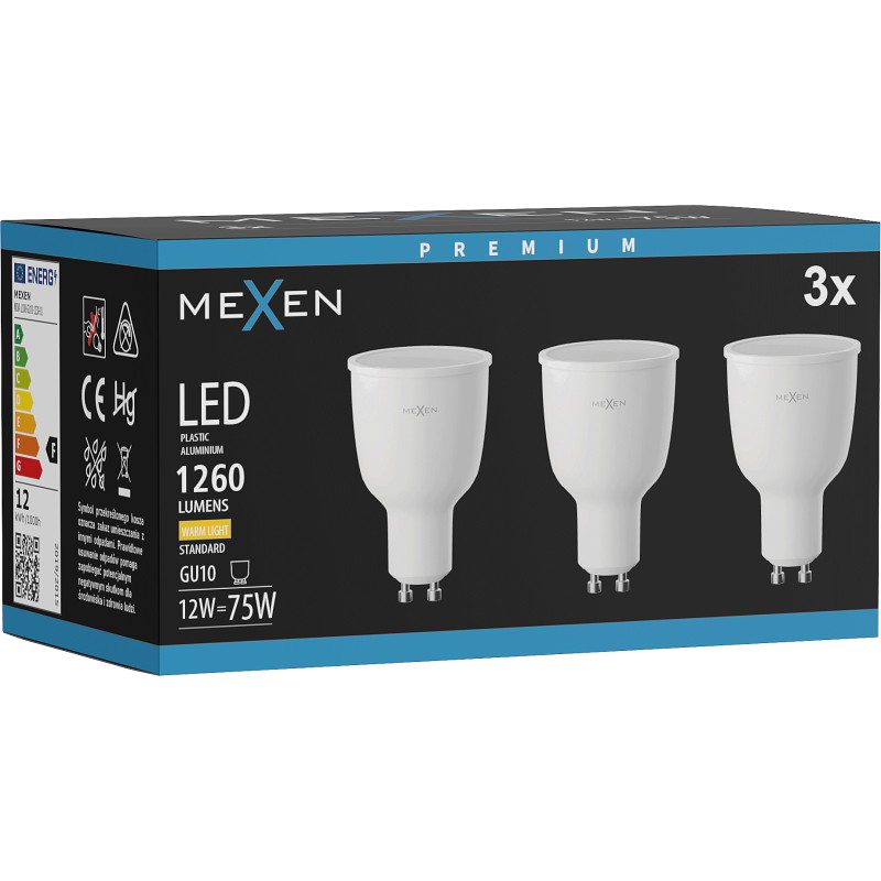 Mexen Nova 3x LED-Glühbirne GU10, 12W, Warm - 3000K, 1260 lm - L108-GU10-1230-01x03