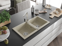 Mexen Mario Granitspüle 2-Kammer mit Küchenarmatur Rita, beige - 6504-69-670300-00