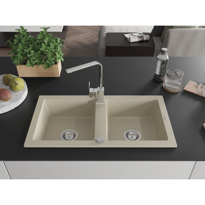 Mexen Mario Granitspüle 2-Kammer mit Küchenarmatur Rita, beige - 6504-69-670300-00