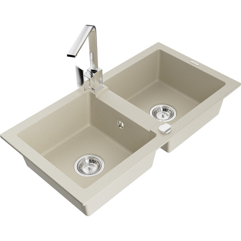 Mexen Mario Granitspüle 2-Becken mit Rita Küchenarmatur, beige - 6504-69-670300-00