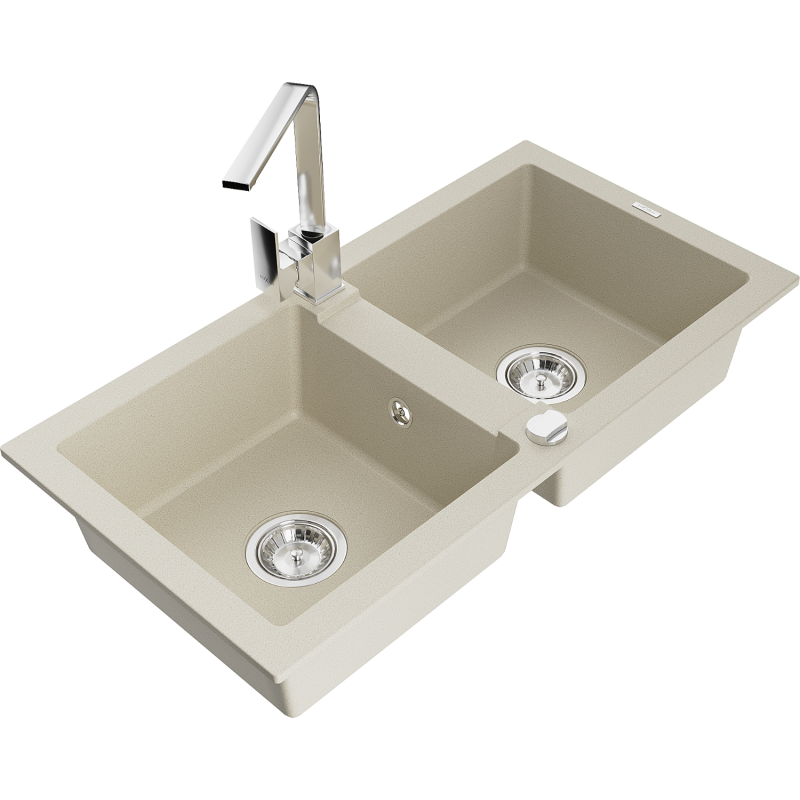 Mexen Mario Granitspüle 2-Kammer mit Küchenarmatur Rita, beige - 6504-69-670300-00