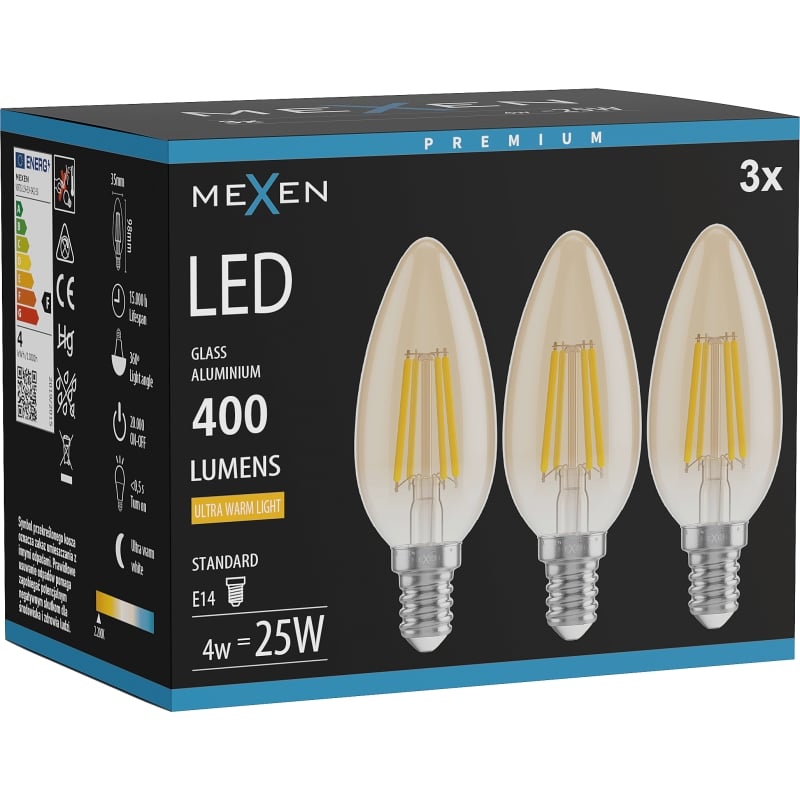 Mexen Vintis 3x LED-Filament-Glühbirne E14, C35, 4W, Warm - 2200K, 400 lm, Bernstein - L154-E14-0422-50x03