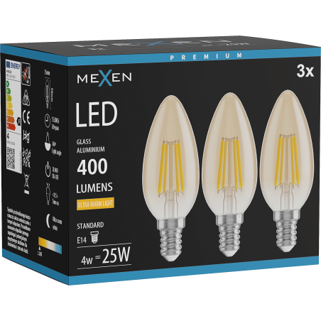 Mexen Vintis 3x LED-Filament-Glühbirne E14, C35, 4W, Warm - 2200K, 400 lm, Bernstein - L154-E14-0422-50x03